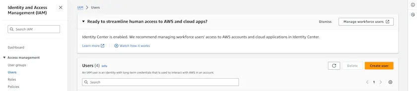 AWS IAM dashboard with Users section for creating a user