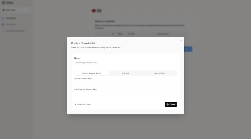 Negere-Fej S3 connector configuration with Access Key ID and Secret fields