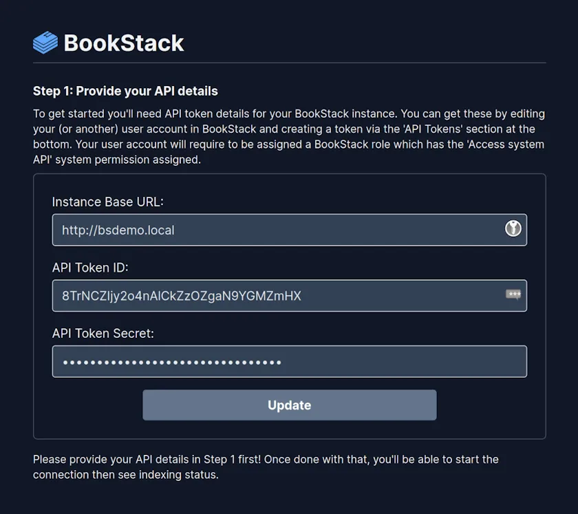 BookStack connector step 1 view