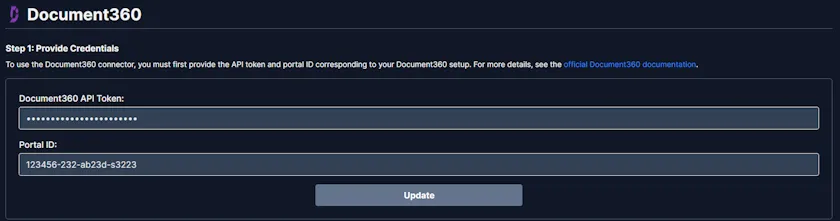 Document360 connector authentication with Portal ID and API Key