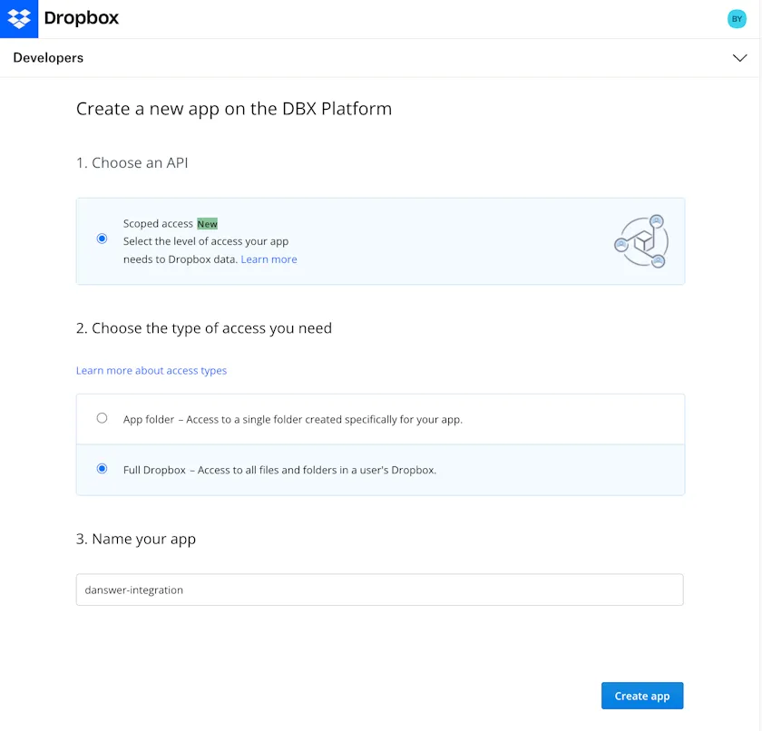 Dropbox app creation page