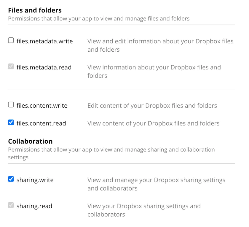 Dropbox permissions configuration