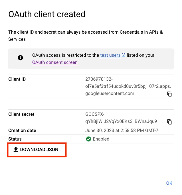 Download OAuth client JSON credentials from Google Cloud Console