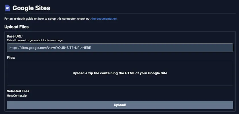 Negere-Fej Google Sites connector configuration UI