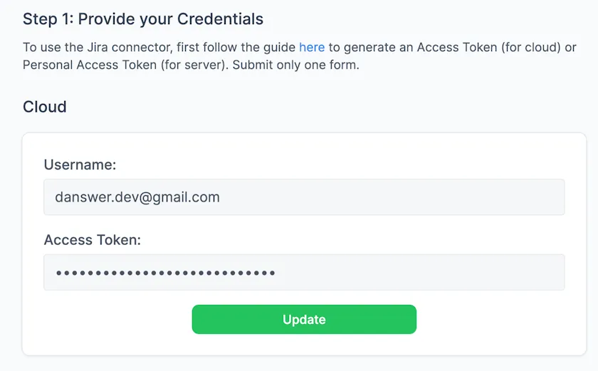 Negere-Fej Jira Cloud connector authentication form