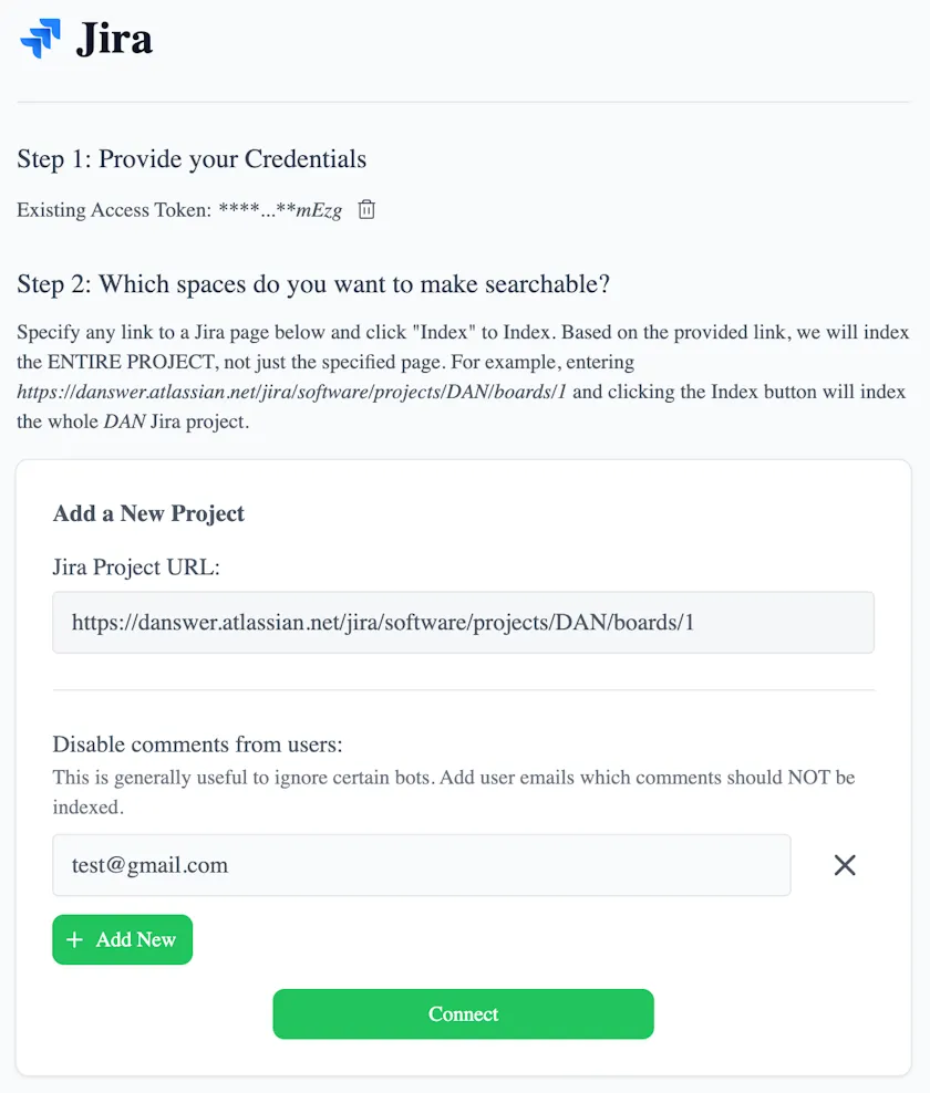 Jira indexing configuration showing project URLs and excluded commenters