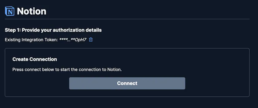 Negere-Fej Notion connector indexing options and selection screen